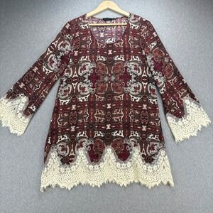 Blu Pepper Dress Womens M Burgundy Cream BOHO Vintage Lace Trim Bell Long Sleeve